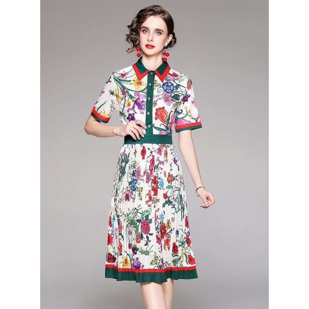 Dalia MacPhee Floral Pleated Dress Short Sleeve Midi Formal Womens S